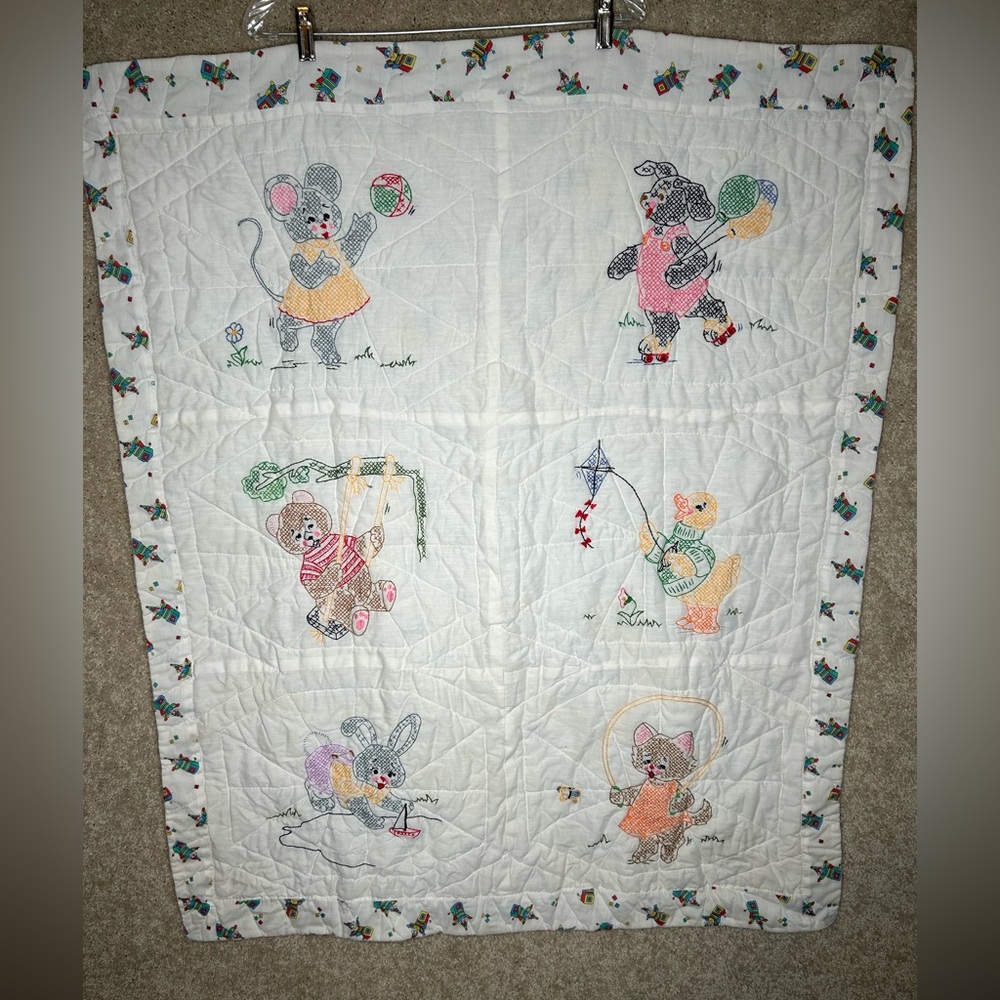 Vintage Embroidered Animal Quilt Blanket with Jack in box themed backing 36x42